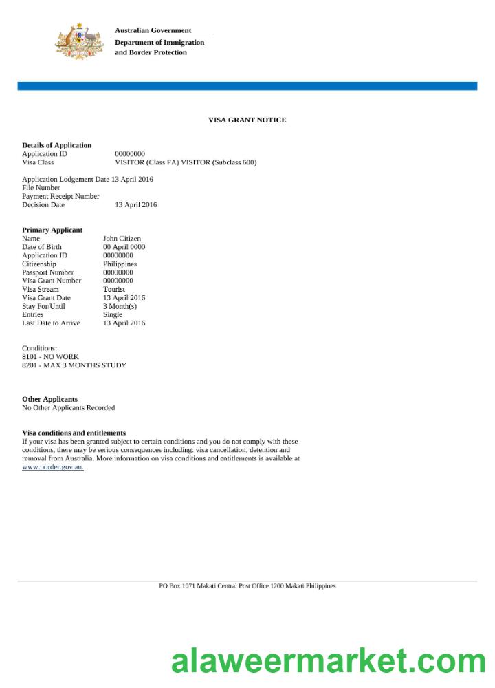 Australia e-visa in Word and PDF template